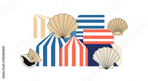 Seashells on striped beach towels.