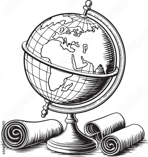 An isolated terrestrial globe showing continents and oceans sits on a white background, representing a global map sphere for education, travel, and geography