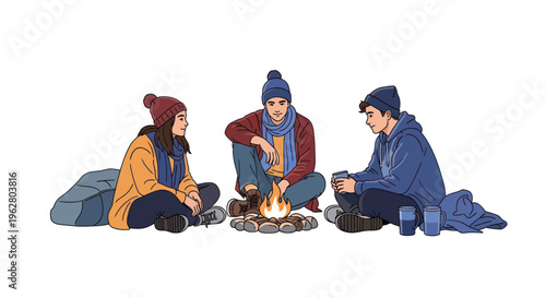 People sitting around a campfire together.