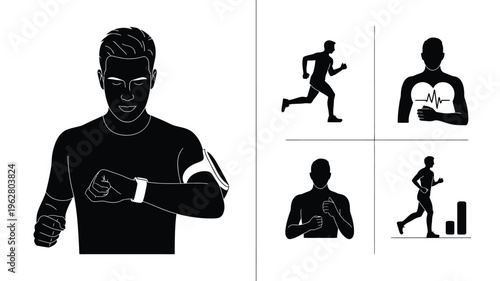 Fitness tracking silhouette illustration featuring smartwatch monitoring, running exercise, heart rate pulse, strength flex posture, progress chart artwork and health lifestyle design collection