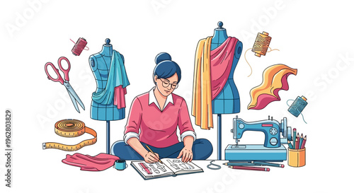 Fashion Designer Working on New Collection Surrounded by Sewing Supplies.