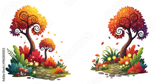 Colorful trees with swirly branches.