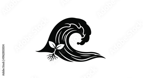 A small green sprout with roots emerges from within a large, stylized black wave, symbolizing environmental growth and resilience.