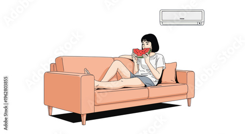 Woman Relaxing on Peach Sofa.