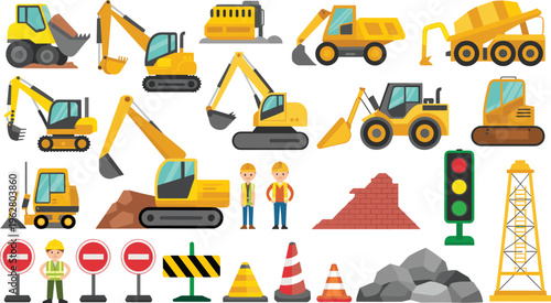 Construction equipment vector illustration set, excavator loader crane dump truck vehicles workers tools icons flat design industrial building collection