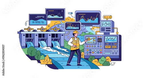 Engineer monitoring dam operations with advanced technology.