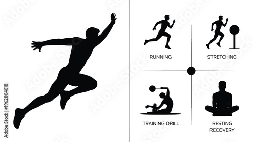 Athlete training silhouette illustration featuring running sprint, stretching flexibility, training drill practice, resting recovery meditation, fitness artwork and sports lifestyle design collection