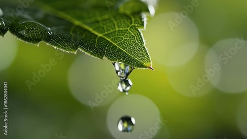 Macro shot of a single green leaf with a large water droplet