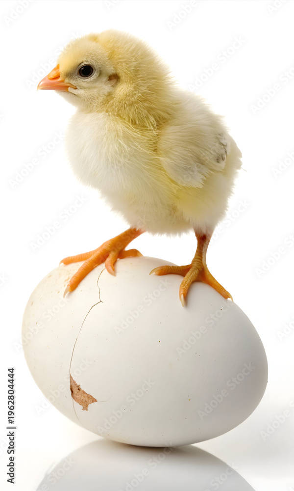 Fototapeta premium Adorable baby chick standing on an egg