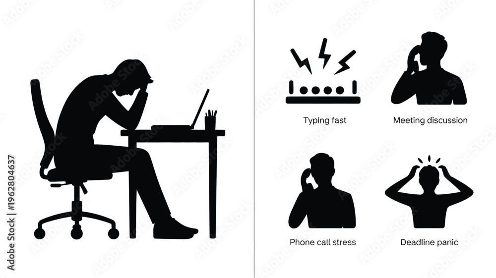 Fototapeta premium Work stress illustration featuring laptop worker frustration, fast typing, meeting discussion, phone call stress, deadline panic, professional artwork and corporate lifestyle design collection