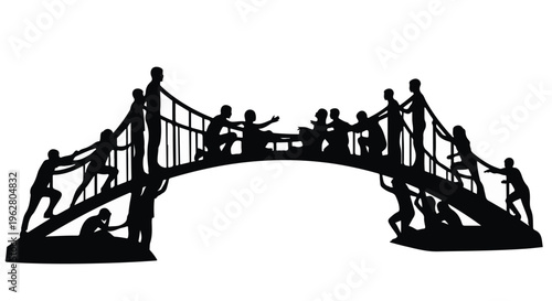 Silhouettes of many people collaborate and pull on the ends of an arched bridge structure, illustrating teamwork and support.