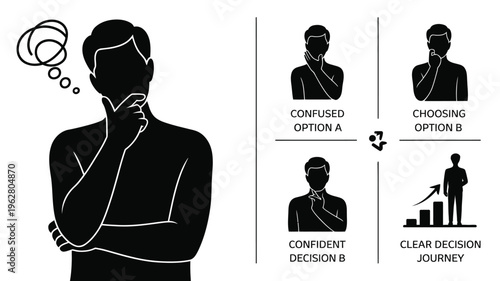 Decision-making process illustration featuring confusion, choosing options, confident choice, clear journey, progress chart, success arrow, professional artwork and business strategy design collection