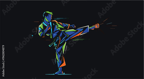 An athlete silhouette executes a dynamic side kick during a martial arts practice session rendered in vibrant neon colors.