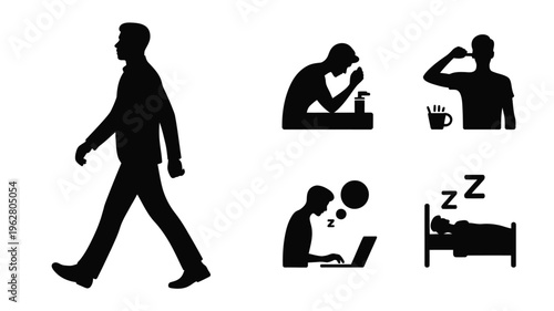 Daily routine lifestyle illustration featuring walking silhouette, eating food, drinking tea, working on laptop, tiredness stress, sleeping rest, modern artwork and everyday activity design collection