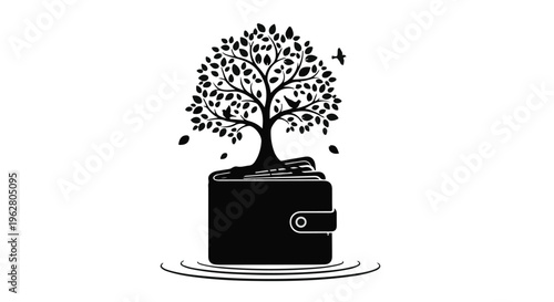 A stylized black tree with leaves grows out of a wallet silhouette, symbolizing financial growth and nature conservation.