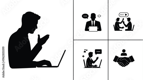 Business communication illustration featuring laptop worker, online meeting, face-to-face conversation, multitasking speech bubbles, handshake agreement, professional artwork and corporate design coll