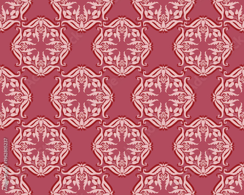 Elegant damask pattern in deep red and soft pink tones, featuring a seamless and symmetrical repeating design across the entire image.