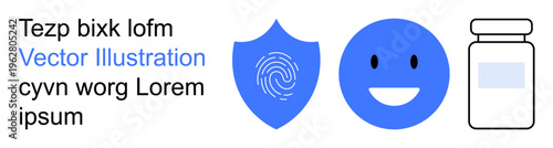 Security, healthcare, biometrics, identity, medical safety, wellness. Blue shield with fingerprint, happy face icon medicine bottle outline. Security and healthcare concept