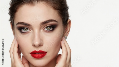 Young Woman in Red Lipstick Smiling for Beauty and Cosmetics Campaigns Against White Studio Background