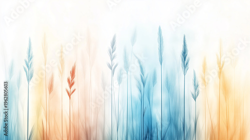 A dreamy blend of soft grass-like silhouettes in pastel hues, capturing the essence of a gentle sunrise or sunset