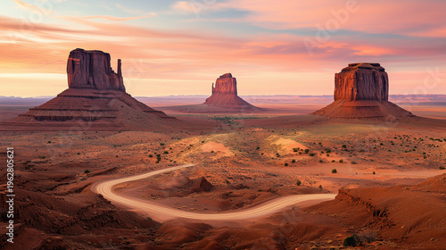 Majestic desert landscape at sunset with iconic rock formations, showcasing the beauty of natures grandeur