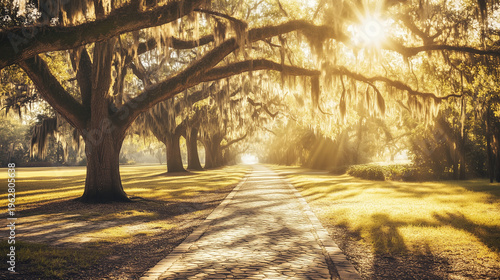 Enchanting tree-lined path bathed in soft sunlight, inviting travelers to explore the beauty of nature