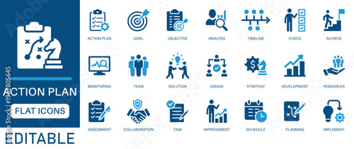 Action plan icon set. featuring business strategy, goal setting, project monitoring, team collaboration, and task assessment in blue design style.