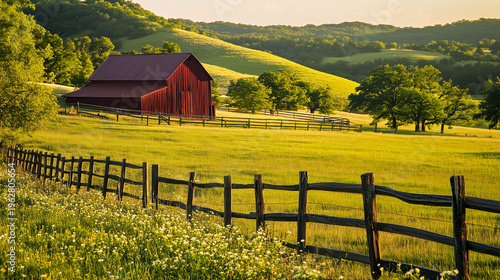 A charming pastoral landscape with a red barn, fenced fields, and lush greenery, evoking a sense of peace and harmony