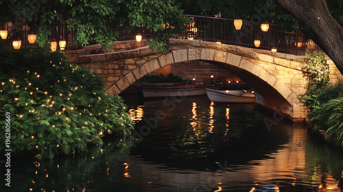 Autumn landscape with vibrant foliage along a river, featuring wooden canoes and a serene atmosphere perfect for relaxation