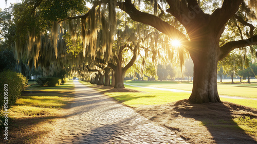 Picturesque pathway under majestic trees, with golden sunlight cascading through leaves, creating a magical ambiance