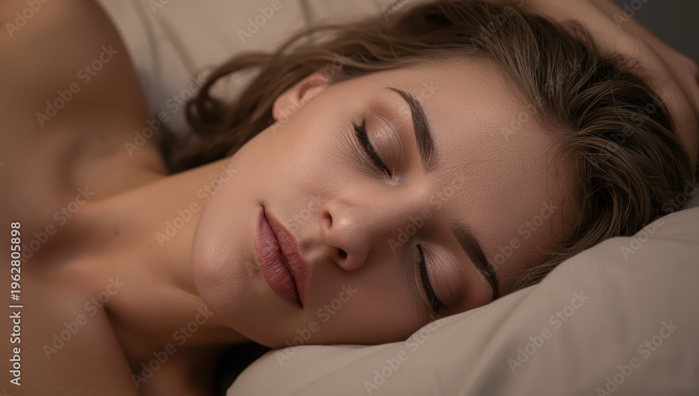 Obraz premium Serene woman sleeping on pillow with soft lighting and natural makeup