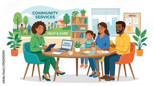 Family receiving help from community services professional.