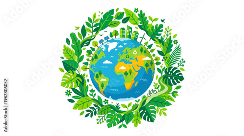 Earth surrounded by lush green leaves and plants.