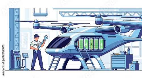 Electric aircraft maintenance technician inspecting eVTOL vehicle battery.