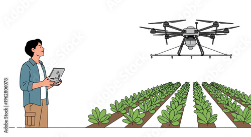 Farmer controlling drone over crops using tablet technology.