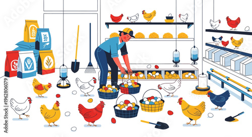 Farmer collecting fresh eggs from baskets on a farm.