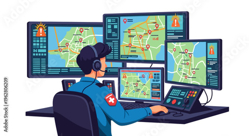 Emergency Dispatcher Working on Multiple Computer Screens.