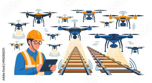 Engineer controlling drone fleet for railway inspection.