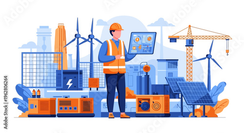 Engineer examining renewable energy technology on a tablet.