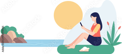 A woman finds peaceful leisure outdoors, connecting with her smartphone by the tranquil water, enjoying a relaxed modern lifestyle moment under the bright sun in nature