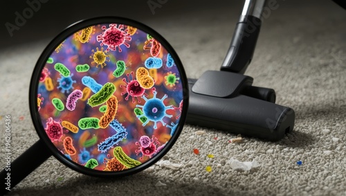 Magnifying glass showing simulated microbes, cleanliness theme, vacuum, on carpet with debris