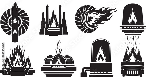 Fire and flame icons in black and white design