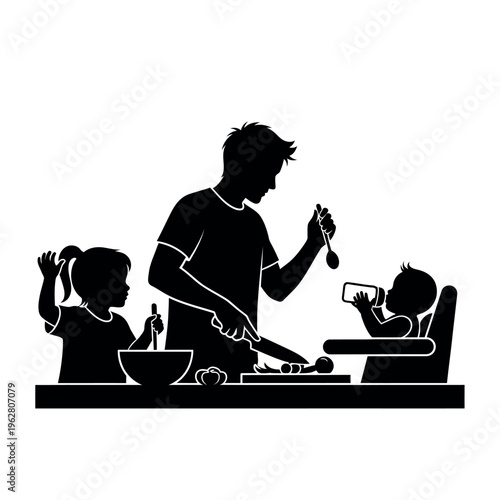 Father cooking for his children a baby and a young girl silhouette illustration.