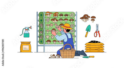 Farmer tending to a vertical mushroom farm with tools and supplies.