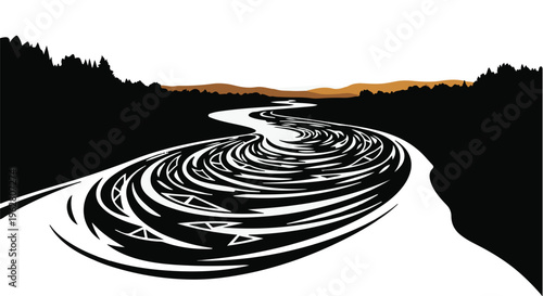 River flowing through a wilderness landscape features stylized water ripples and deep black silhouettes of dense forest trees under a soft, golden horizon glow that suggests natural tranquility.