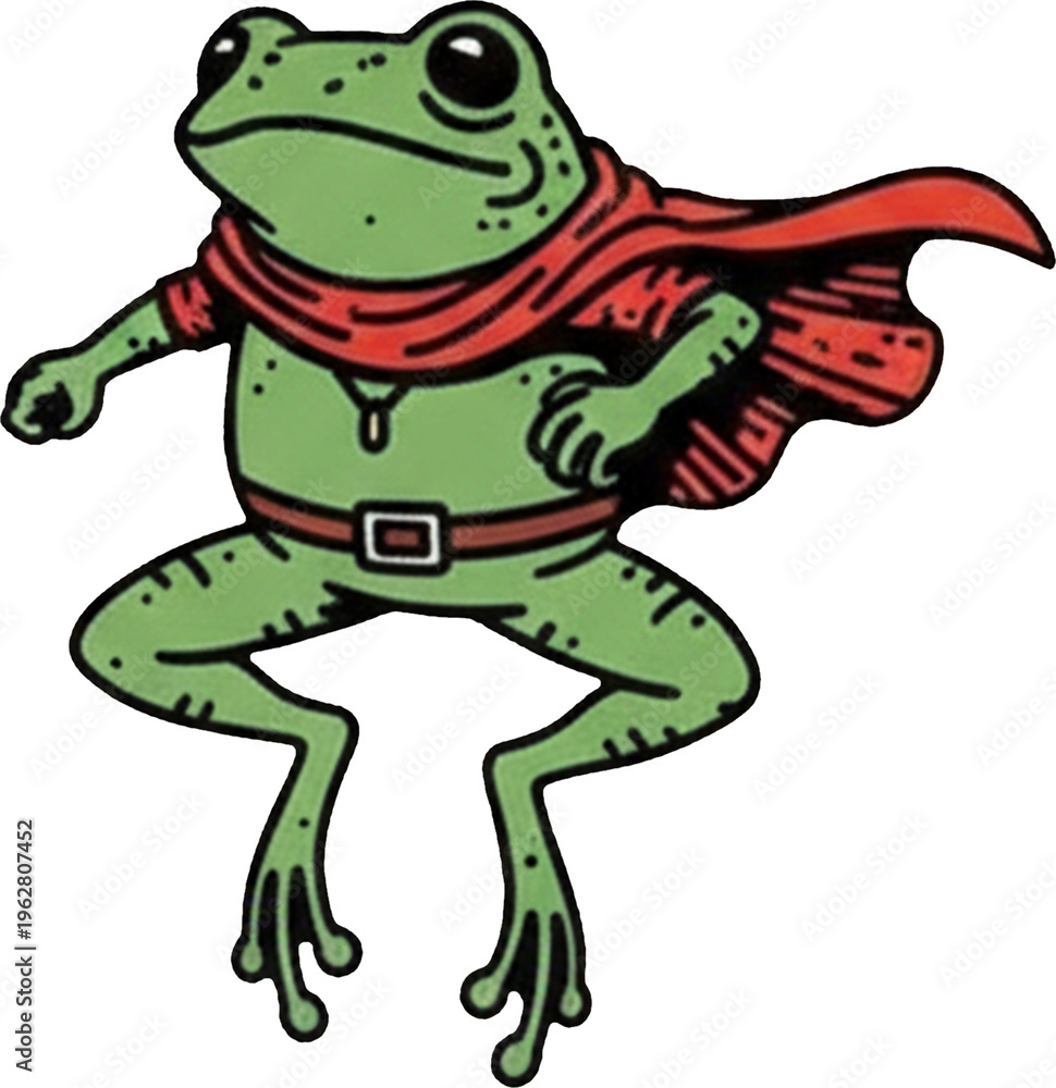 Fototapeta premium Dynamic cartoon frog warrior wielding swords in action pose with red scarf.