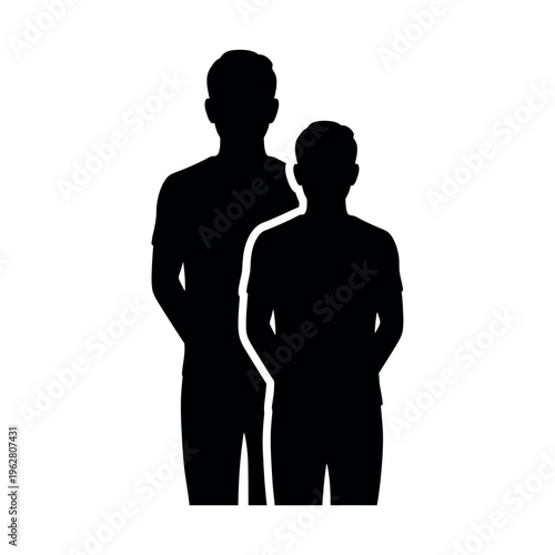 Silhouettes of two men standing together one taller than the other representing human figures.