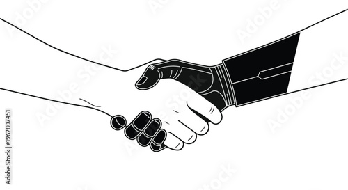 Handshake between a biological human and a mechanical robotic arm symbolizes the collaborative future of artificial intelligence and human workforce integration in modern industrial settings.