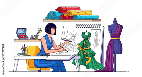 Fashion designer sketching dress on mannequin at desk.