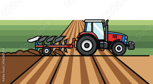 Tractor plowing field with large wheels.